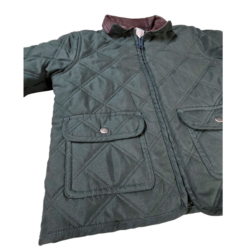Janie and Jack 12-24 Months Green Quilted Field Jacket Faux Brown Leather Collar